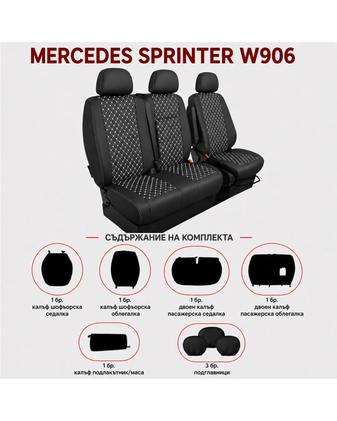 Комплект 2+1 Тапицерия за MERCEDES SPRINTER W906 2006-2018 – Еко кожа, Черна с бял шев, 8 части