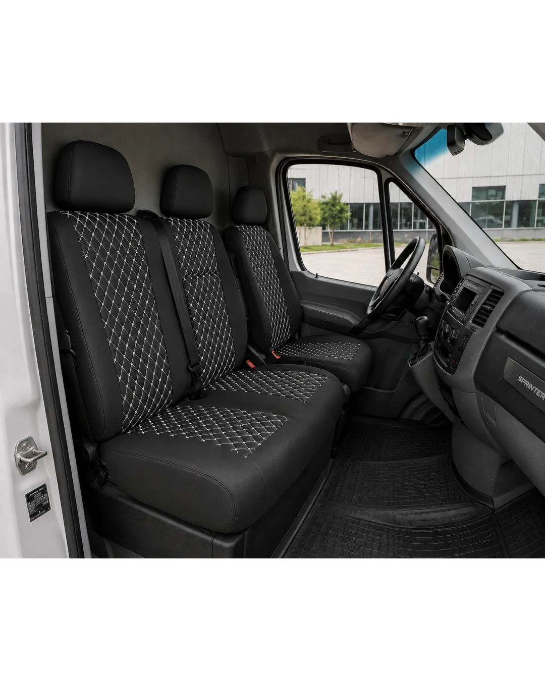 Комплект 2+1 Тапицерия за MERCEDES SPRINTER W906 2006-2018 – Еко кожа, Черна с бял шев, 8 части