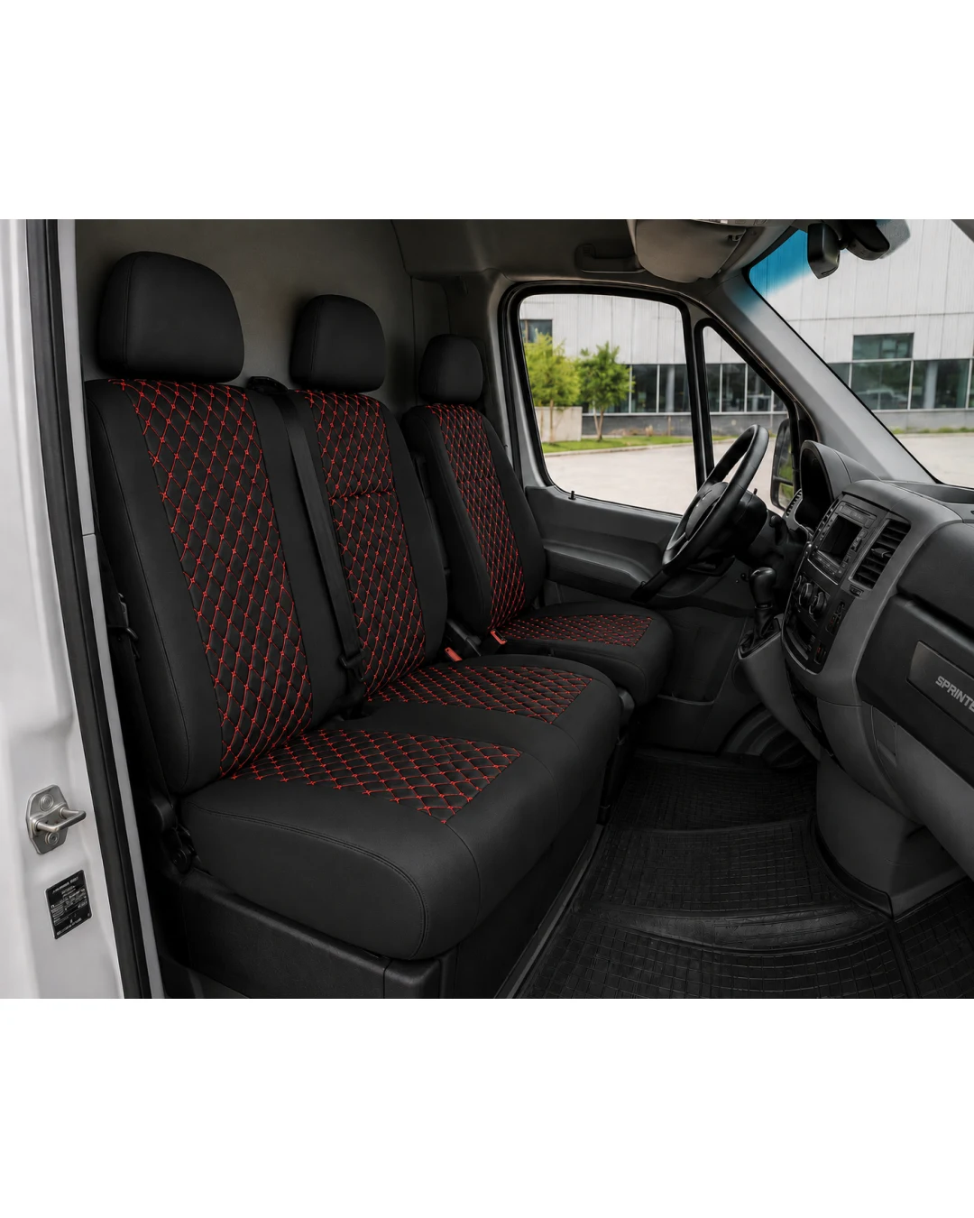 Комплект 2+1 Тапицерия за MERCEDES SPRINTER W906 2006-2018 – Еко кожа, Черна с червен шев, 8 части