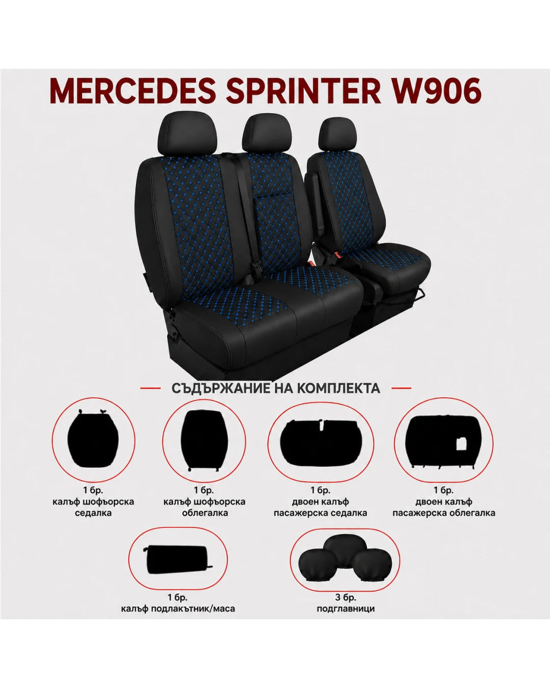 Комплект 2+1 Тапицерия за MERCEDES SPRINTER W906 2006-2018 – Еко кожа, Черна със син шев, 8 части