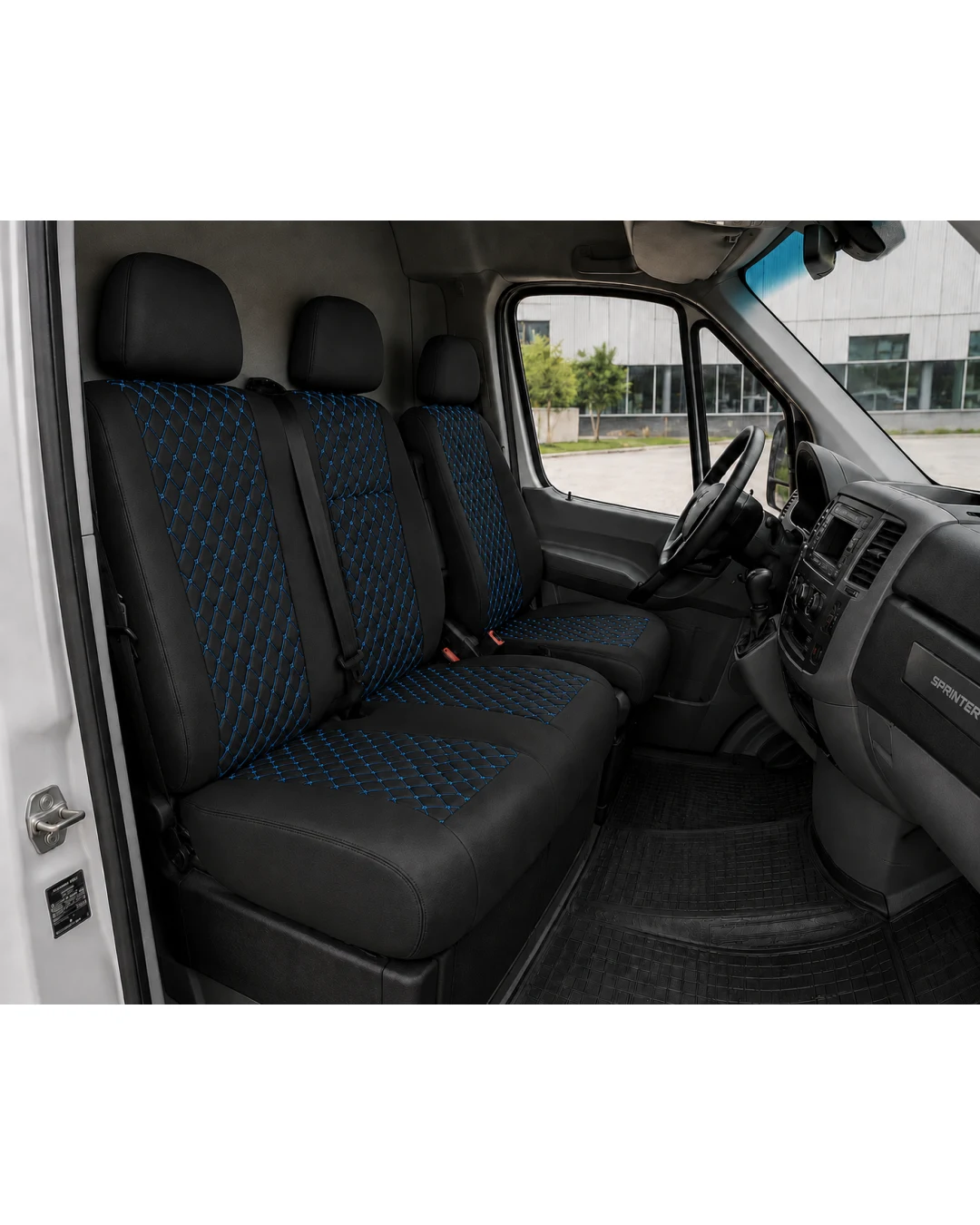 Комплект 2+1 Тапицерия за MERCEDES SPRINTER W906 2006-2018 – Еко кожа, Черна със син шев, 8 части