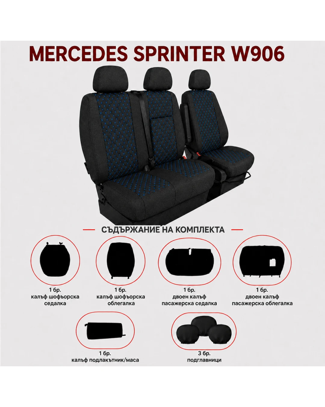 Комплект 2+1 Тапицерия за MERCEDES SPRINTER W906 2006-2018 – Текстил, Черна със син шев, 8 части