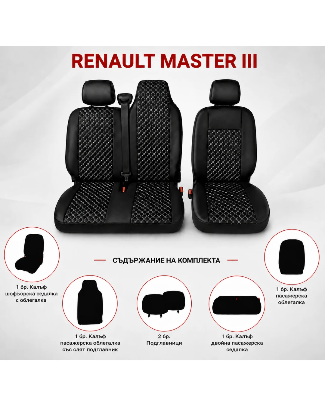 Комплект 2+1 Тапицерия за RENAULT MASTER III 2010-2019 – Еко кожа, Черна с бял шев, 6 части