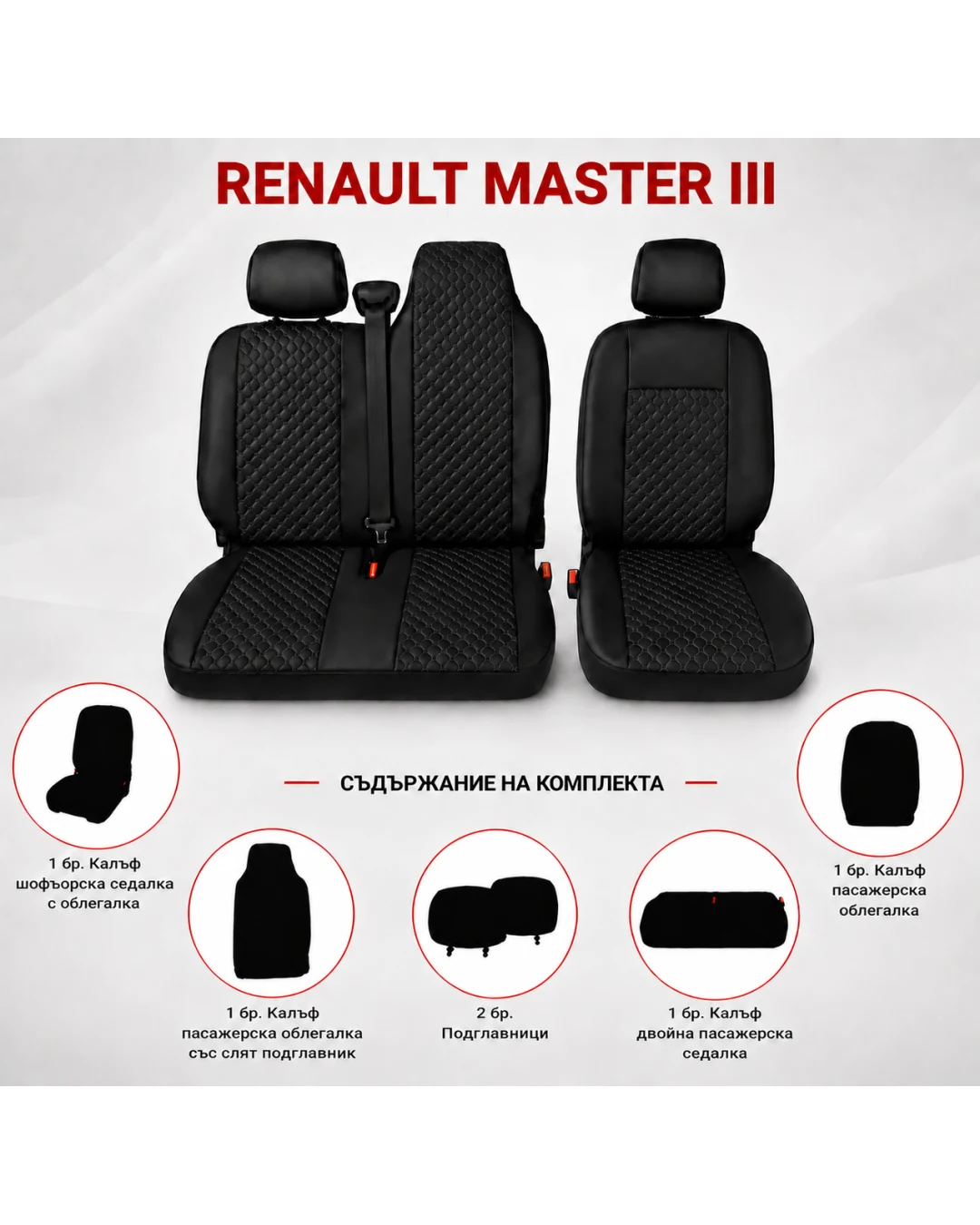 Комплект 2+1 Тапицерия за RENAULT MASTER III 2010-2019 – Еко кожа, Черна с черен шев, 6 части