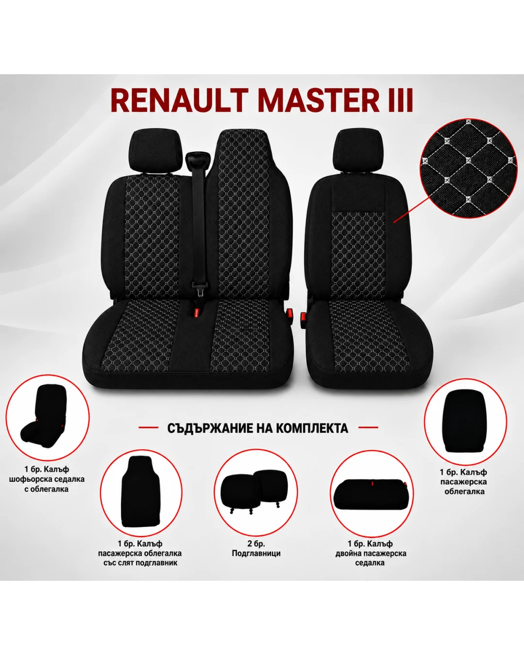 Комплект 2+1 Тапицерия за RENAULT MASTER III 2010-2019 – Текстил, Черна с бял шев, 6 части