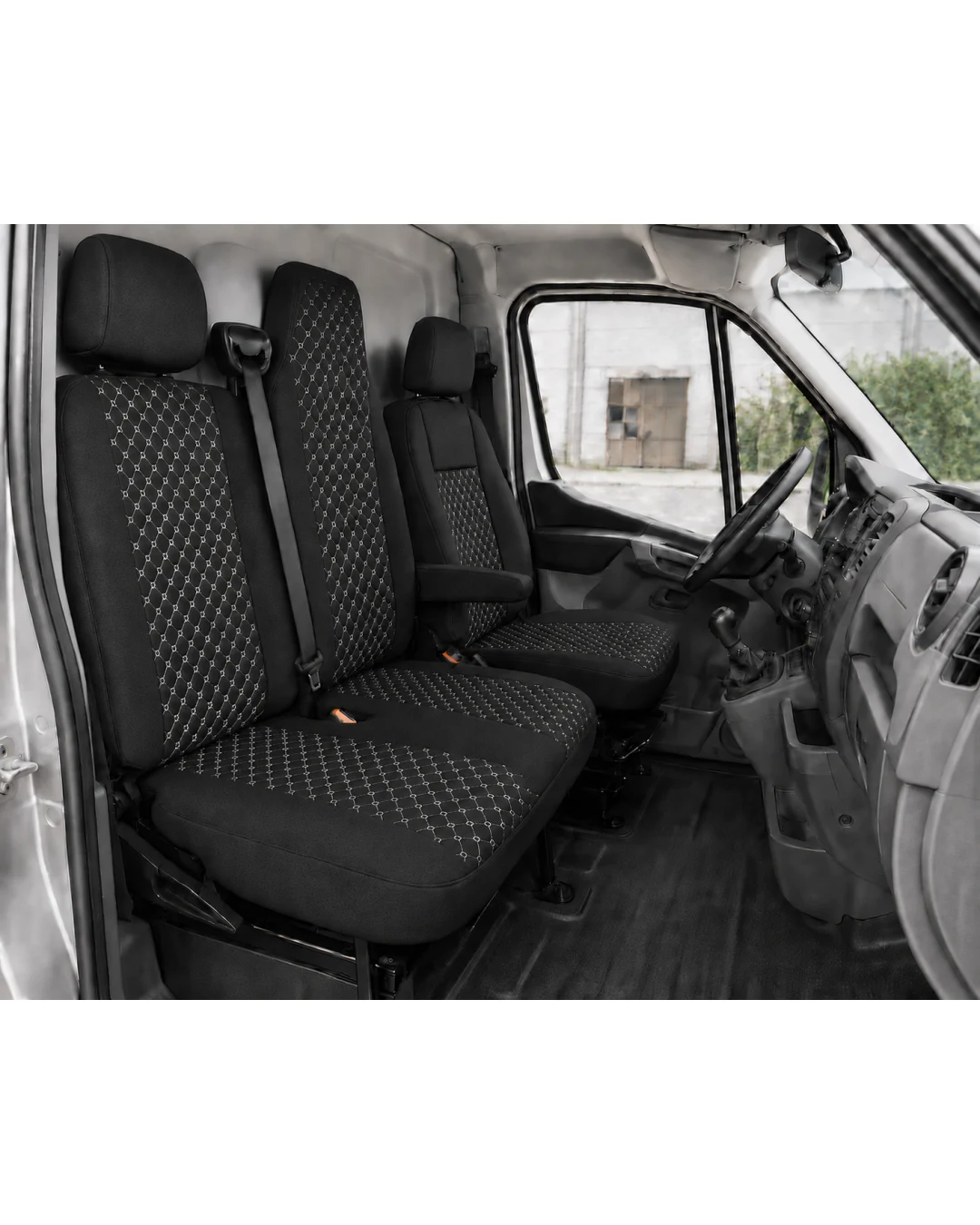 Комплект 2+1 Тапицерия за RENAULT MASTER III 2010-2019 – Текстил, Черна с бял шев, 6 части