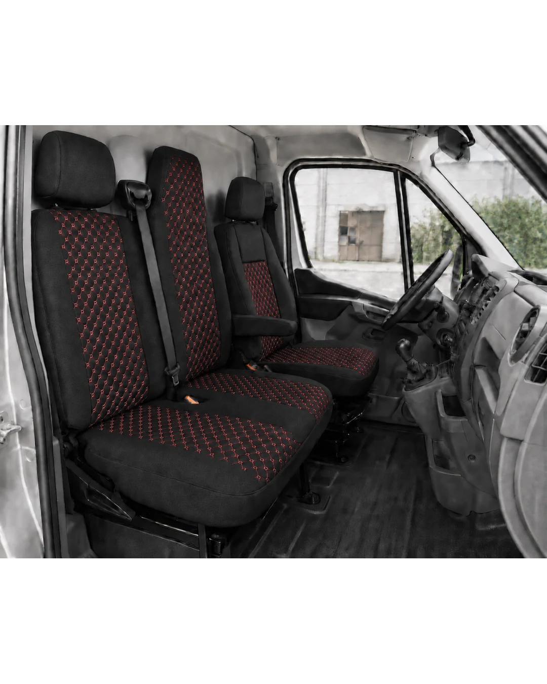 Комплект 2+1 Тапицерия за RENAULT MASTER III 2010-2019 – Текстил, Черна с червен шев, 6 части