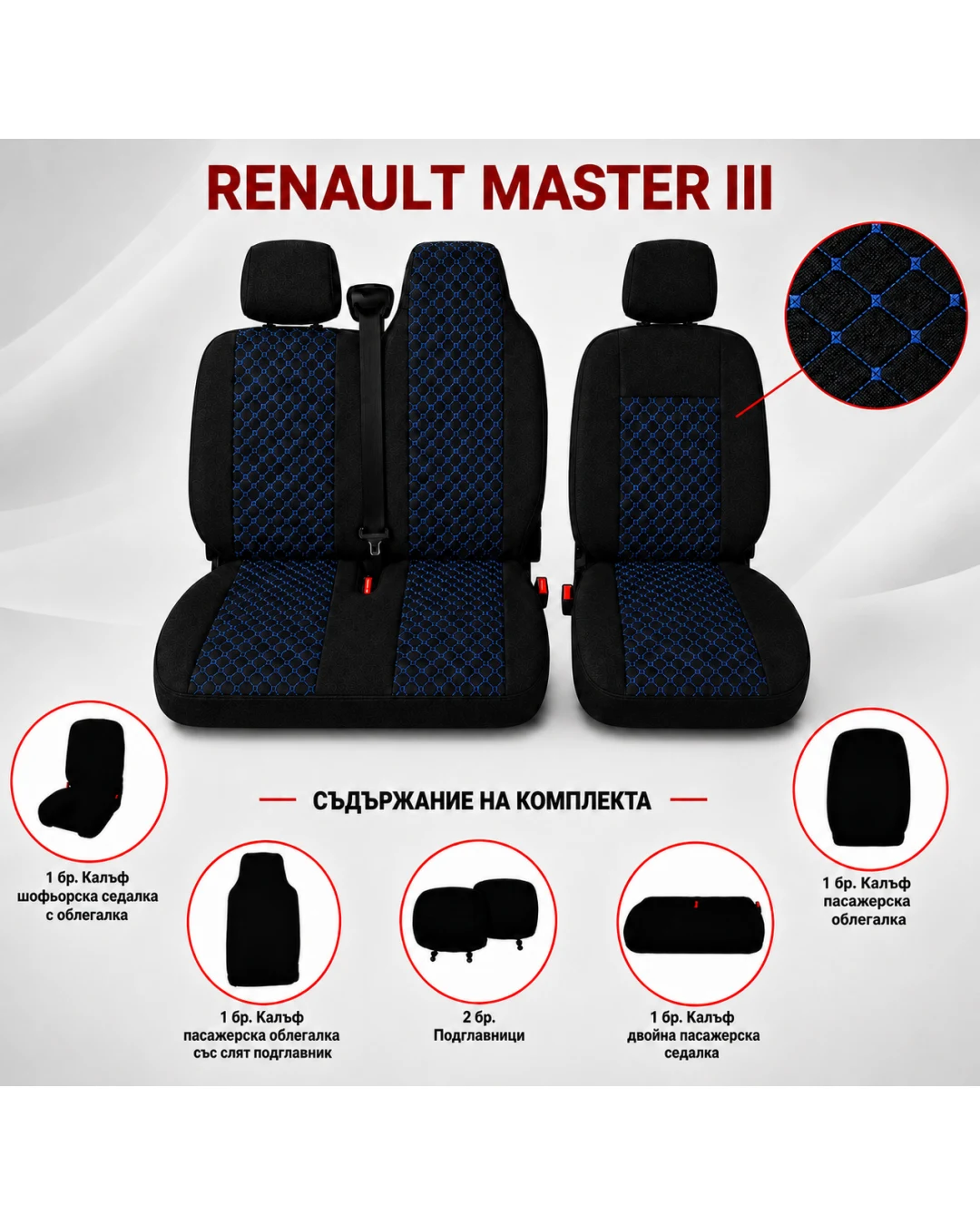 Комплект 2+1 Тапицерия за RENAULT MASTER III 2010-2019 – Текстил, Черна със син шев, 6 части