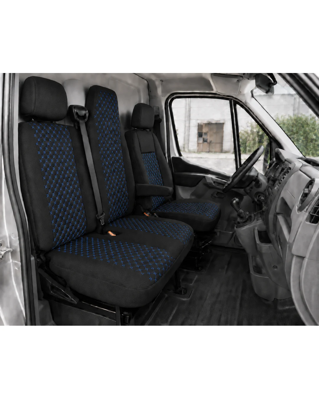 Комплект 2+1 Тапицерия за RENAULT MASTER III 2010-2019 – Текстил, Черна със син шев, 6 части