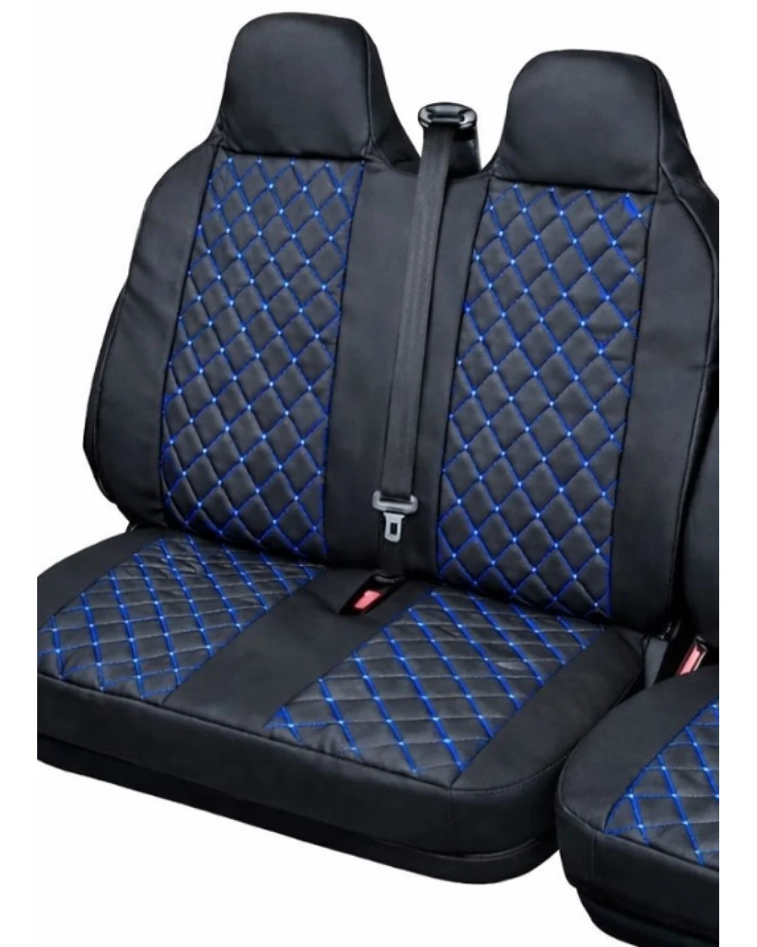 Комплект 2+1 Универсална тапицерия за предни седалки на бус от еко кожа със слят подглавник - черна със син шев