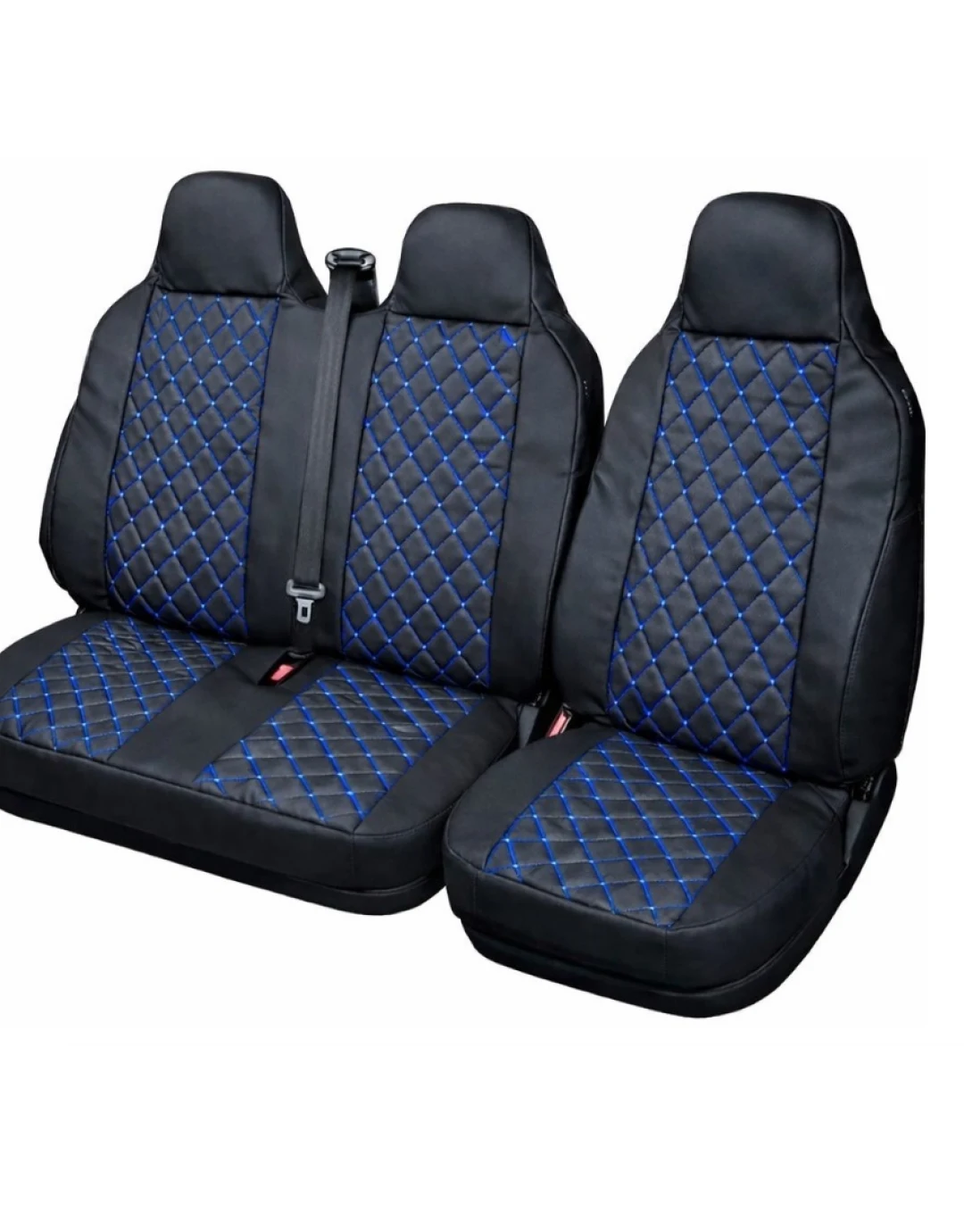 Комплект 2+1 Универсална тапицерия за предни седалки на бус от еко кожа със слят подглавник - черна със син шев