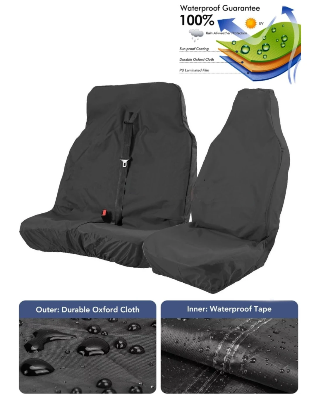 Комплект 2+1 Универсални водоустойчиви протектори от Oxford плат за предни седалки на бус - черни