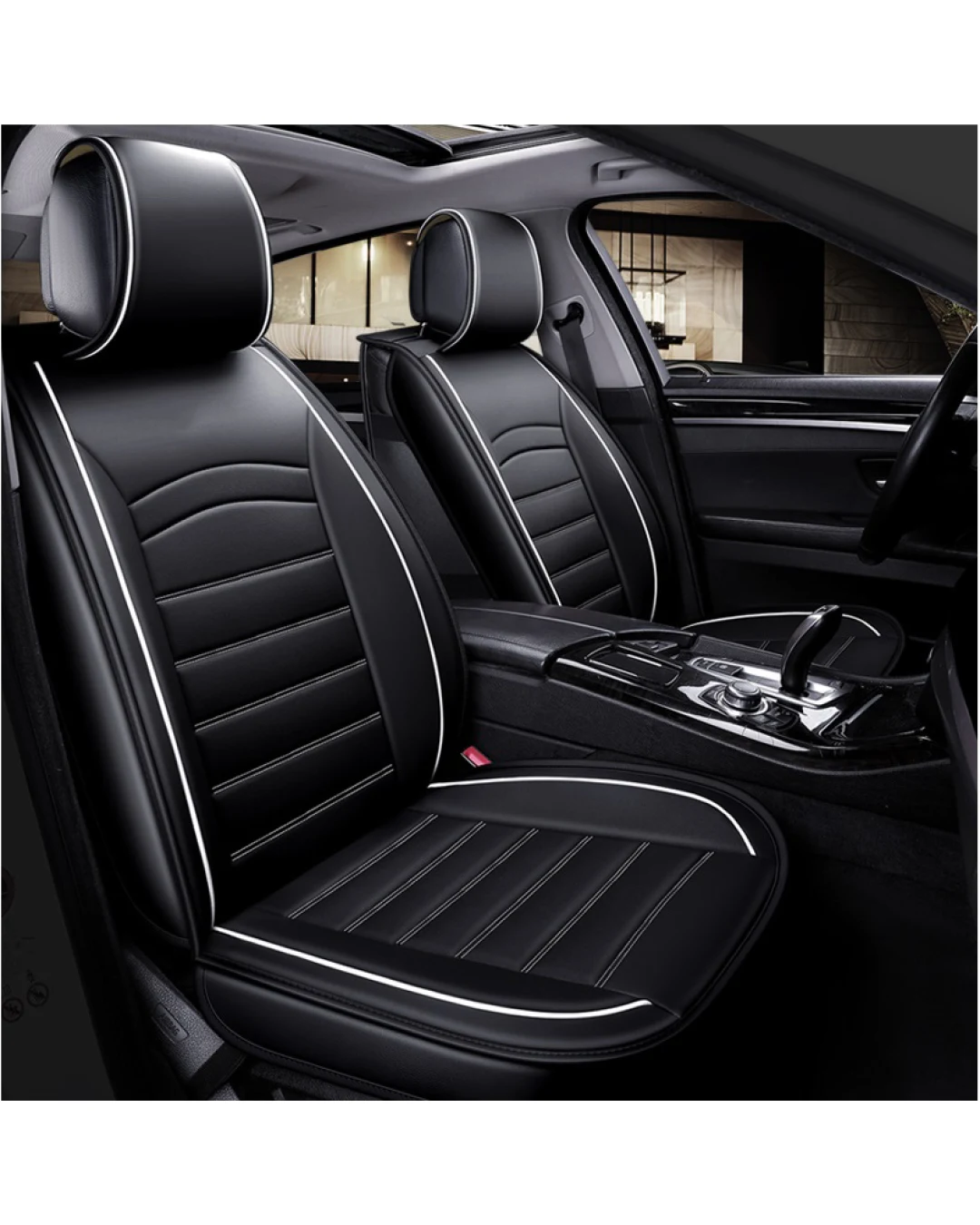 Kомплект 2 Броя Универсална Кожена Тапицерия, Калъфи За Двете Предни Седалки, Еко Кожа, Черна с Бял Кант и Шевове