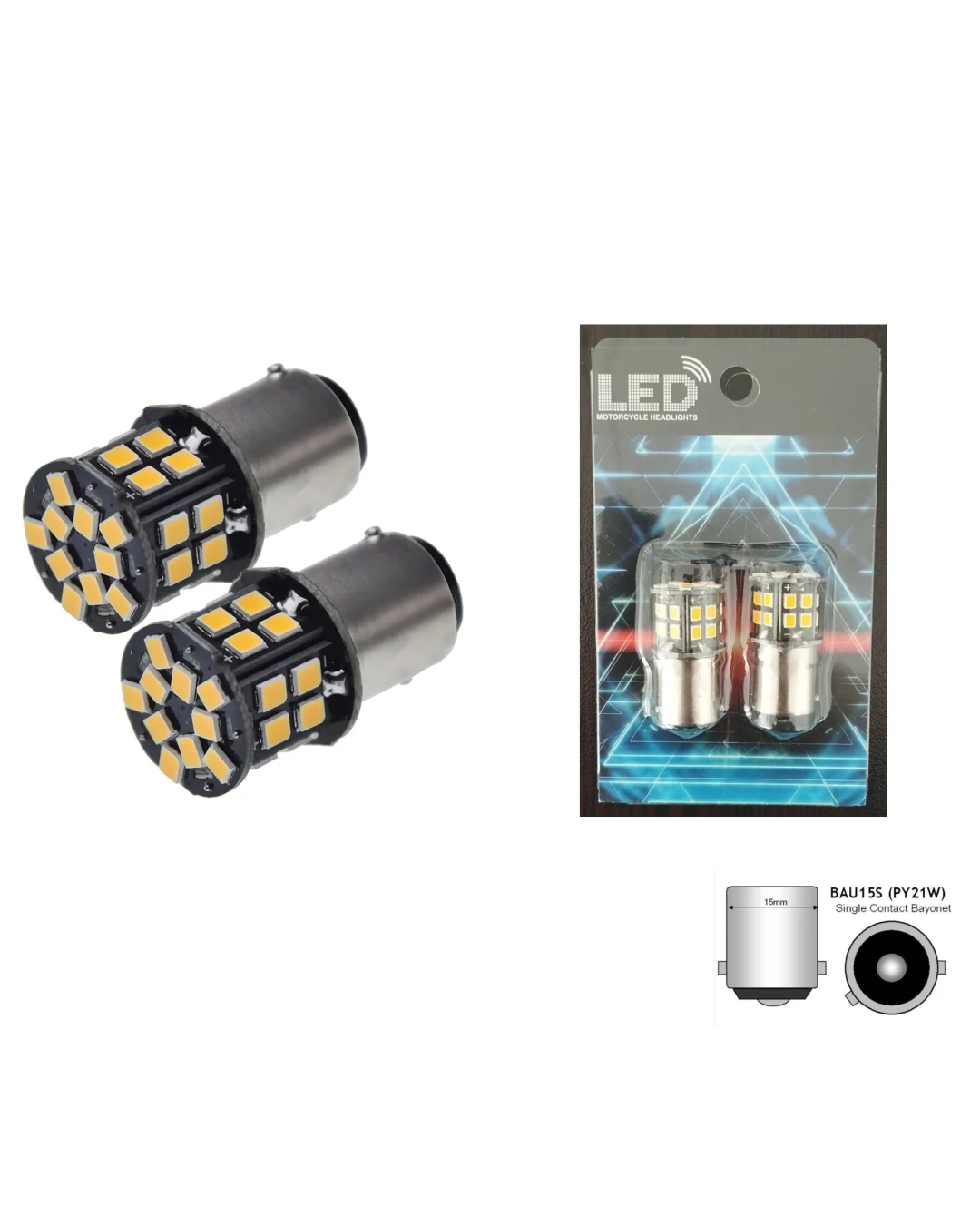 Комплект 2бр. LED Лед Крушки, 30 SMD, BAU15S 1156 (PY21W), 12V, оранжева светлина canbus, разминати пинове (150°)