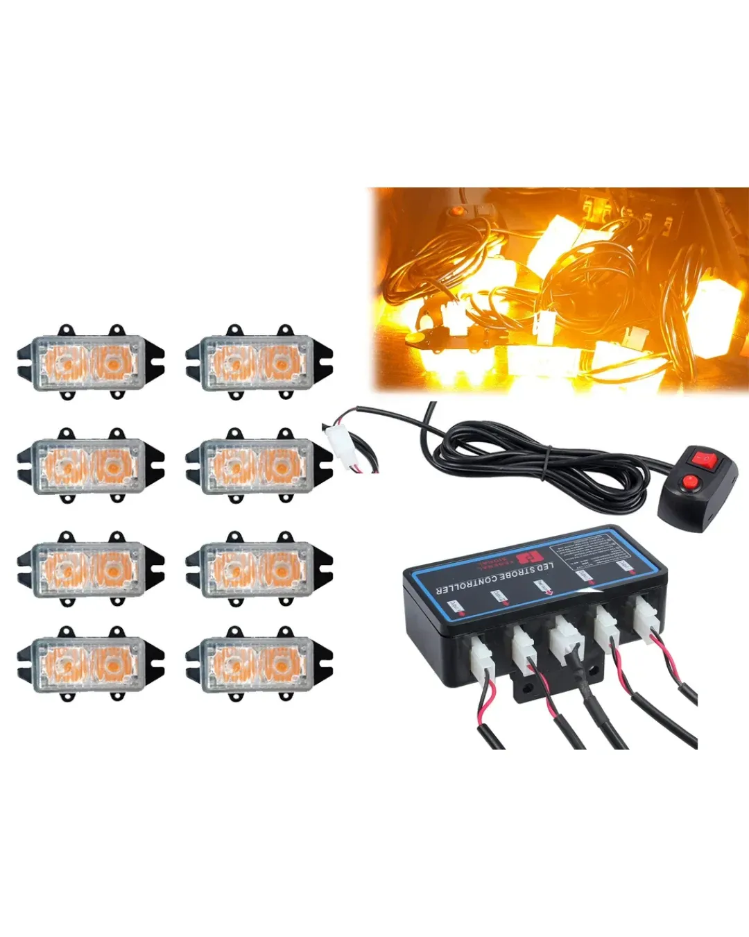 Комплект 8 Броя С Контролер 2 LED Лед Диодна Сигнална Аварийна Блиц Мигаща Светлина Пътна Помощ Платформа 12V