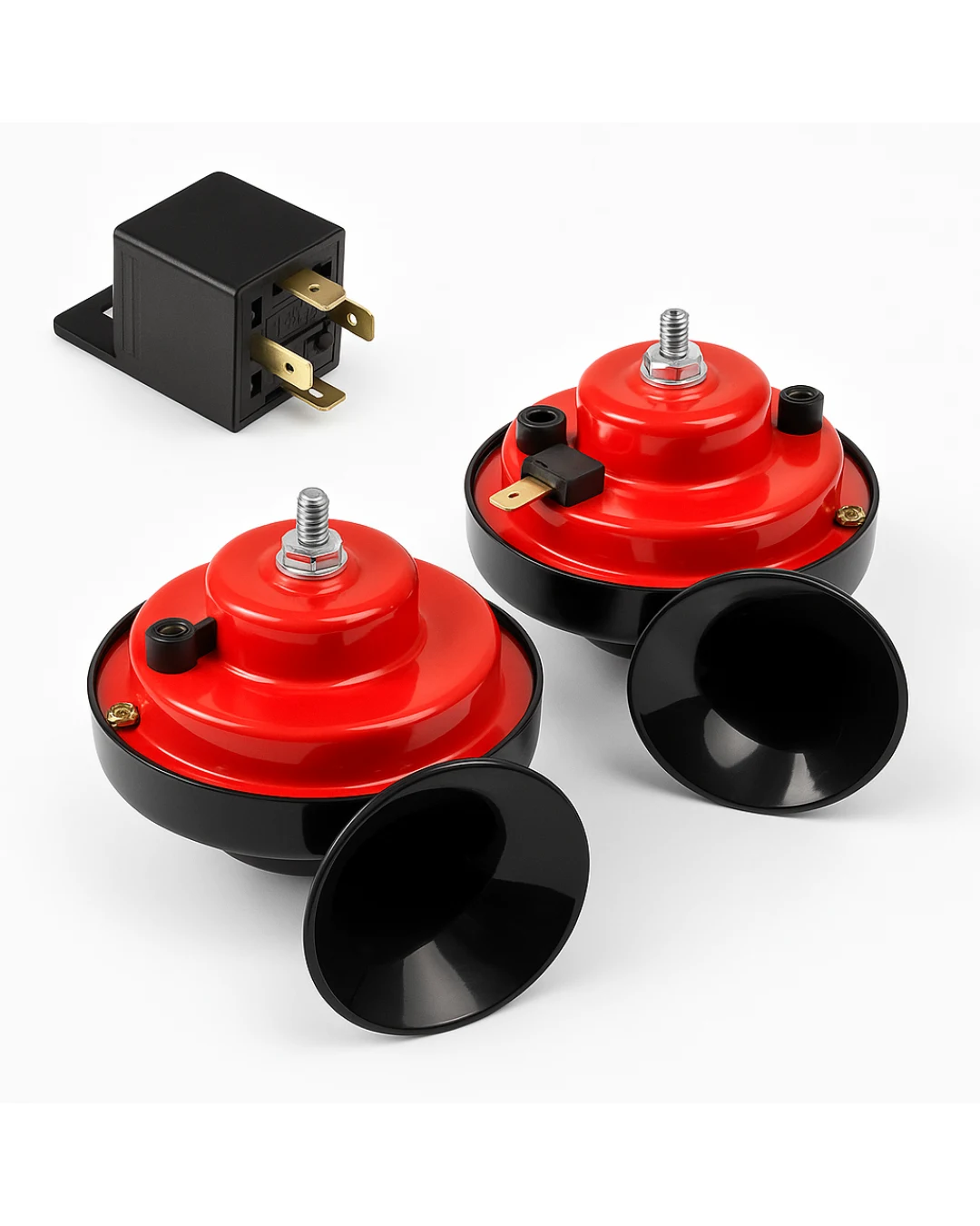 Комплект двутонна тромба клаксон тип „Охлюв“ 12V (2 PIN) с реле – за автомобили, джипове, ванове, автобуси и мотоциклети