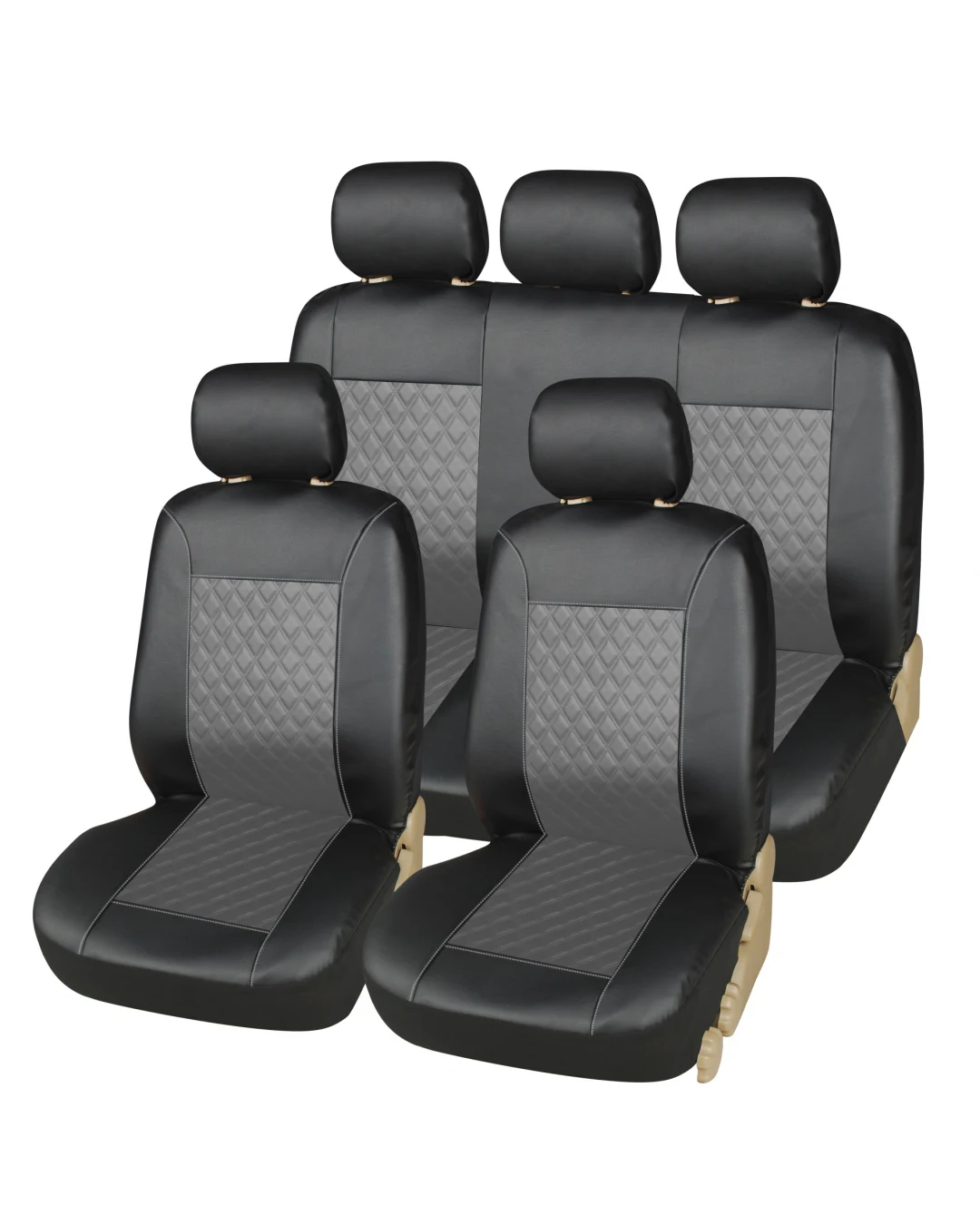 Комплект Калъфи/тапицерия за автомобил за предни и задни седалки, Еко кожа, Черно и Сиво