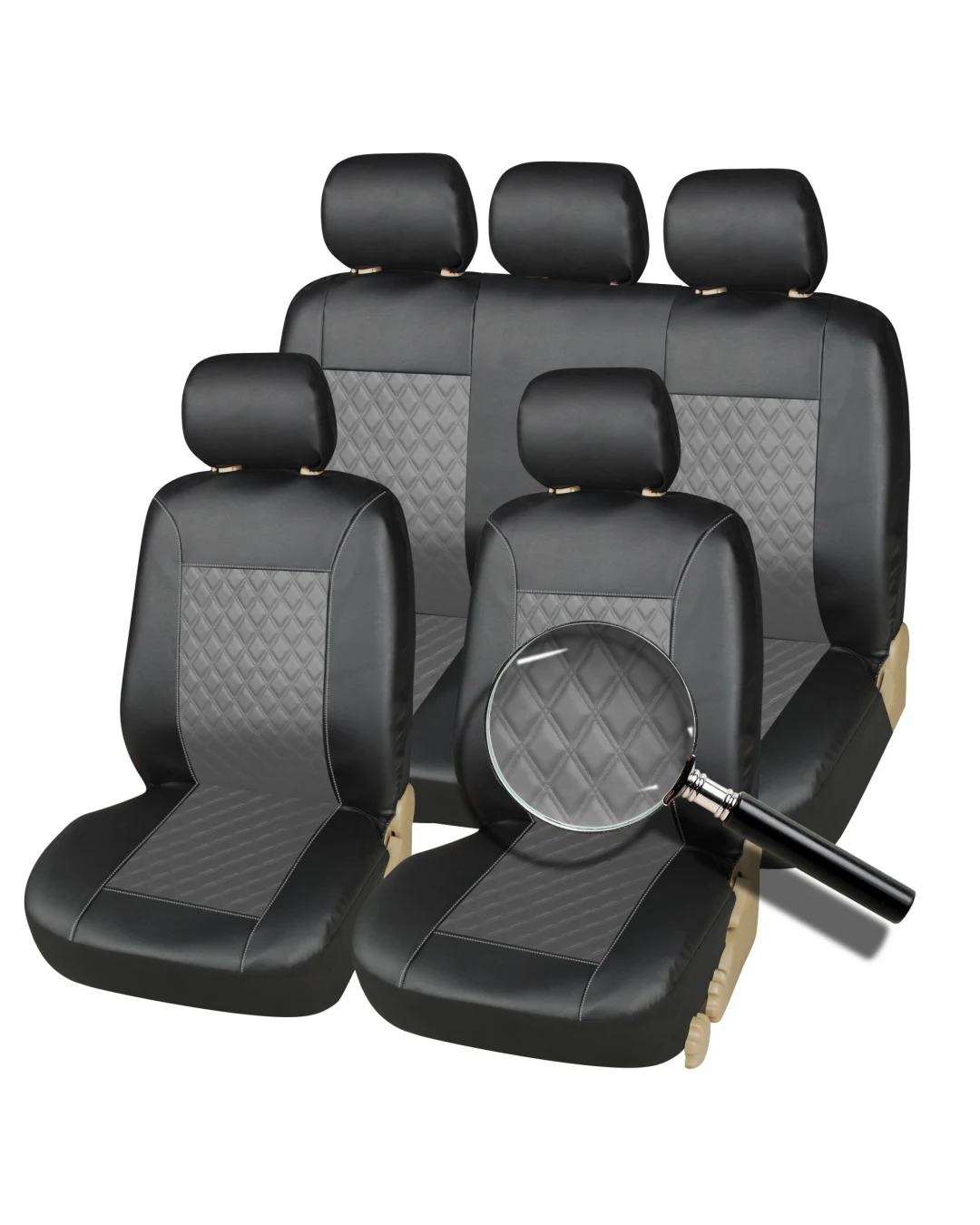 Комплект Калъфи/тапицерия за автомобил за предни и задни седалки, Еко кожа, Черно и Сиво