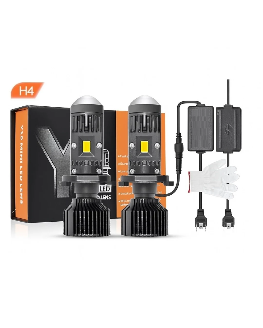 Комплект LED крушки с лупа, Y10 H4, 200%, 60W 6400LM, 6000K, 360° Canbus без грешки – 12V