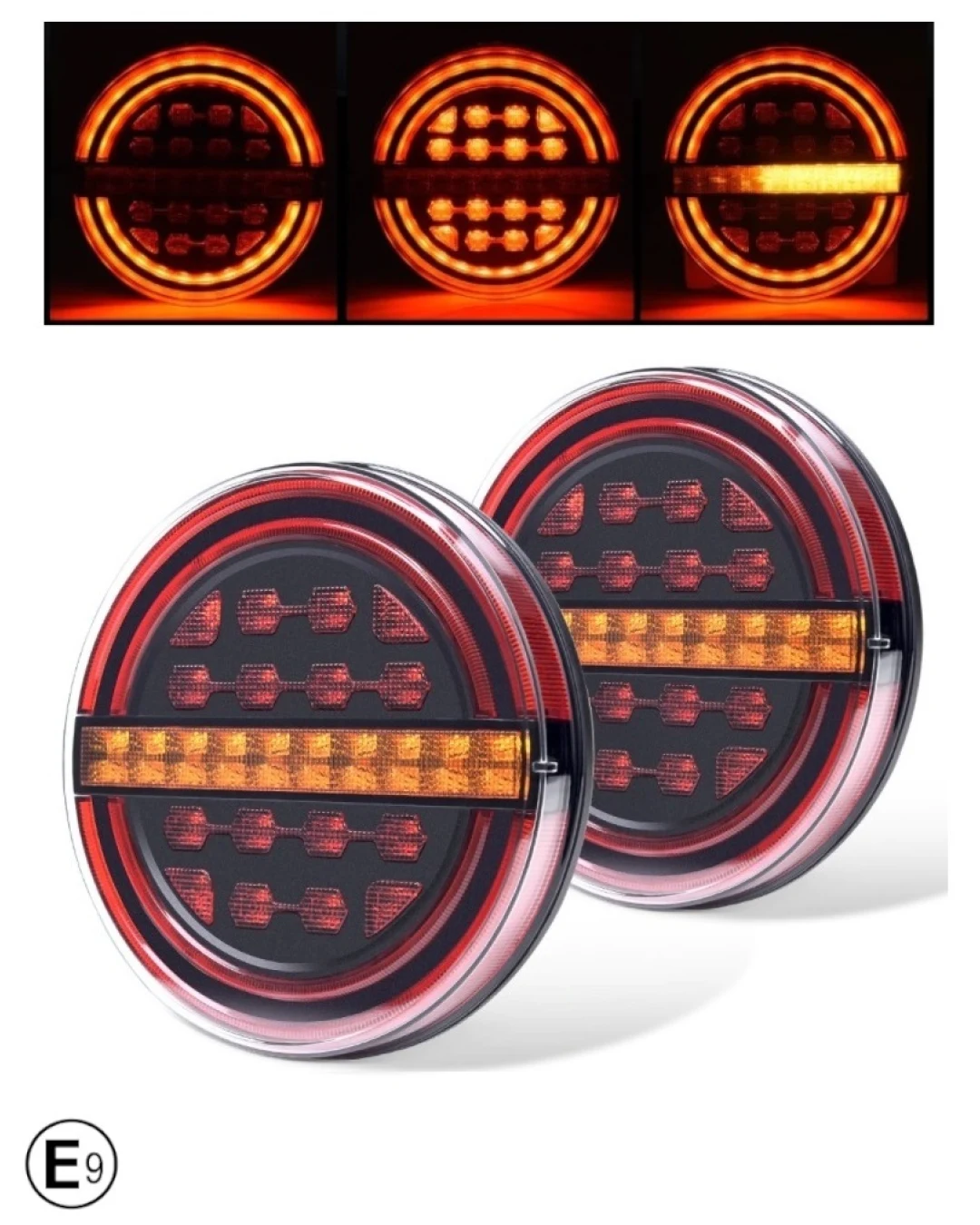 Комплект LED Светодиодни Стопове с Динамичен Бягащ Мигач, Неон Ефект, Кръгли, Тип Хамбургер , Ø13.9см , 3 Функции, Е-Мark, Е9, 12V-24V