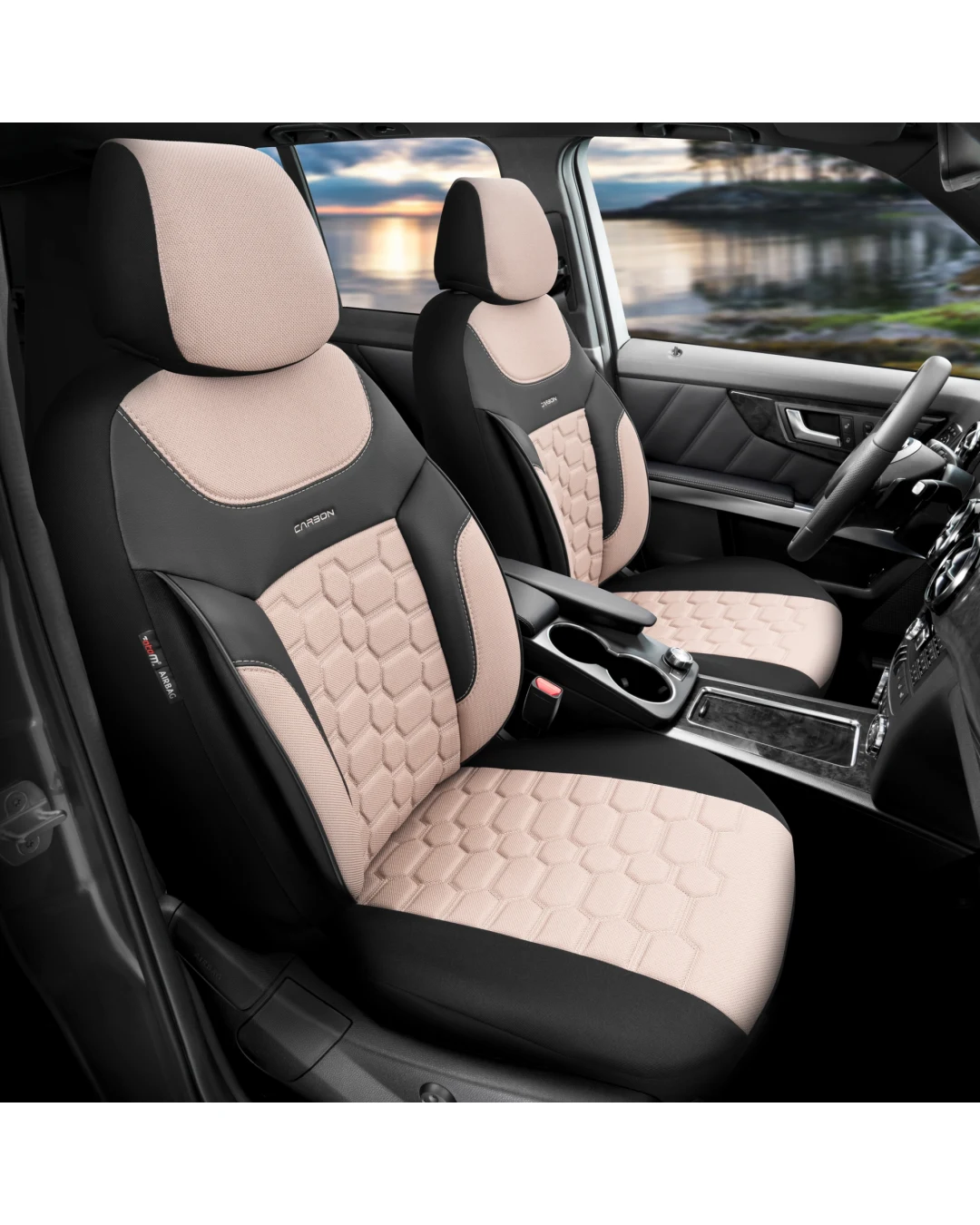 Комплект Луксозна Тапицерия OTOM текстил с еко кожа CARBON Design – Бежово-Черна с бежов шев, за Предни и Задни Седалки