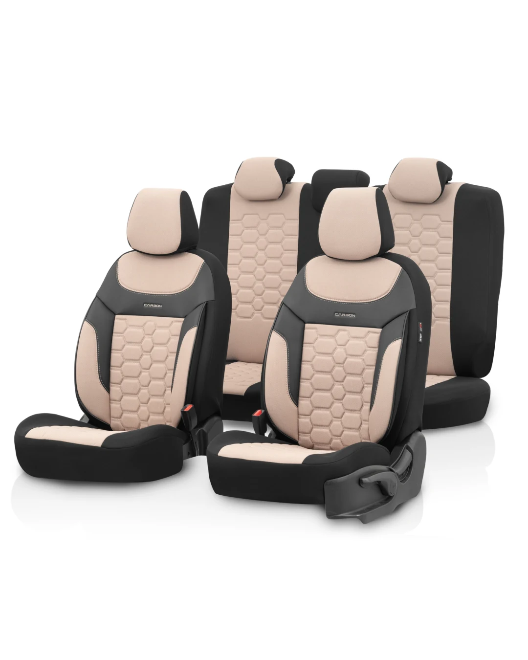 Комплект Луксозна Тапицерия OTOM текстил с еко кожа CARBON Design – Бежово-Черна с бежов шев, за Предни и Задни Седалки