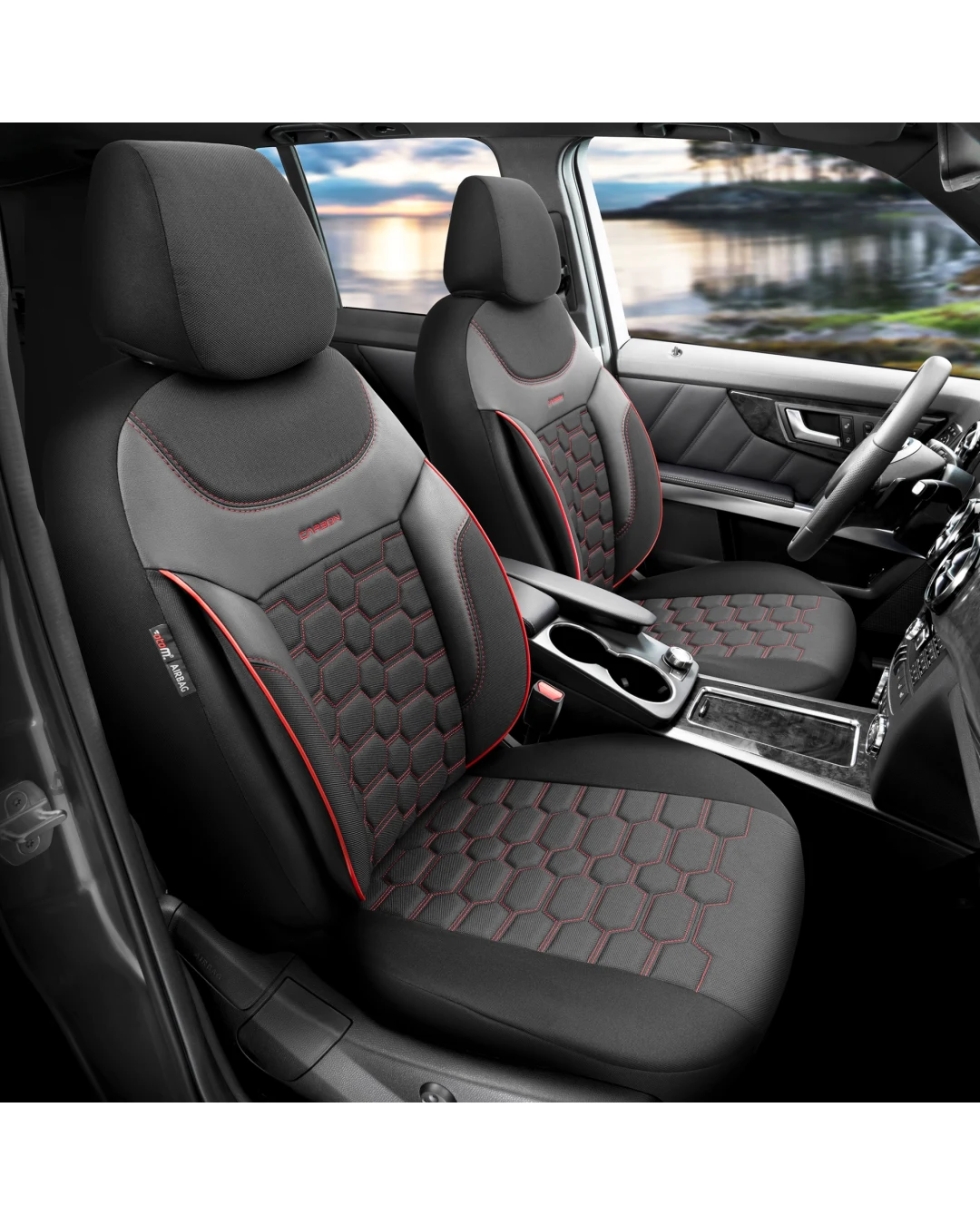 Комплект Луксозна Тапицерия OTOM текстил с еко кожа CARBON Design – Черна с червен шев, за Предни и Задни Седалки