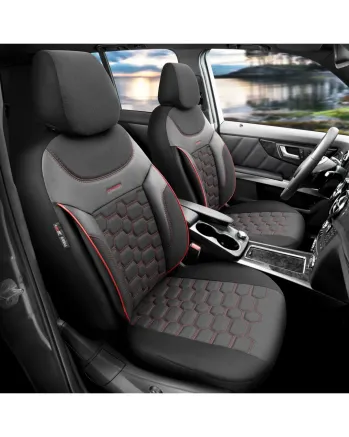 Комплект Луксозна Тапицерия OTOM текстил с еко кожа CARBON Design – Черна с червен шев, за Предни и Задни Седалки