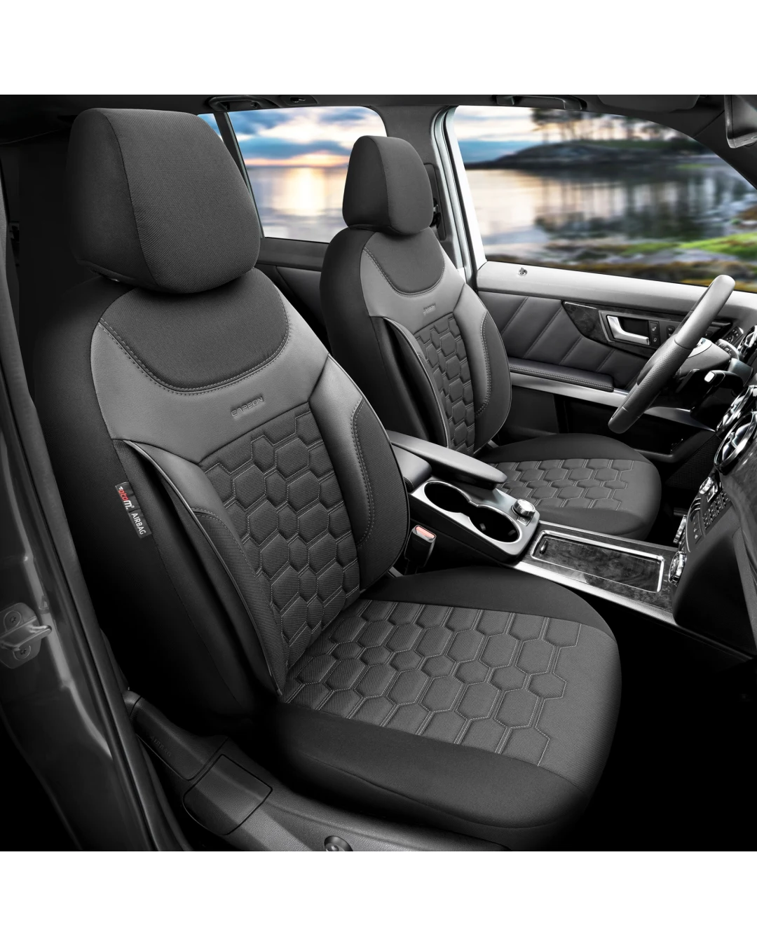 Комплект Луксозна Тапицерия OTOM текстил с еко кожа CARBON Design – Черна със сив шев, за Предни и Задни Седалки