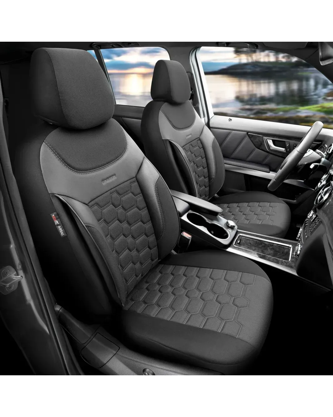 Комплект Луксозна Тапицерия OTOM текстил с еко кожа CARBON Design – Черна със сив шев, за Предни и Задни Седалки
