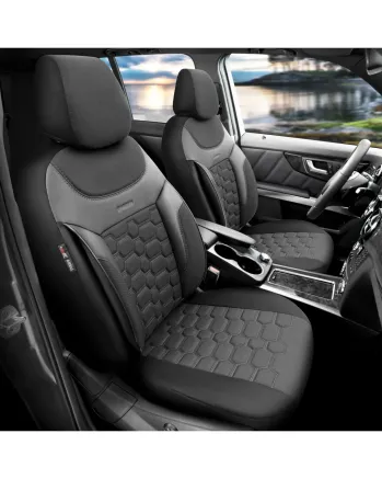 Комплект Луксозна Тапицерия OTOM текстил с еко кожа CARBON Design – Черна със сив шев, за Предни и Задни Седалки