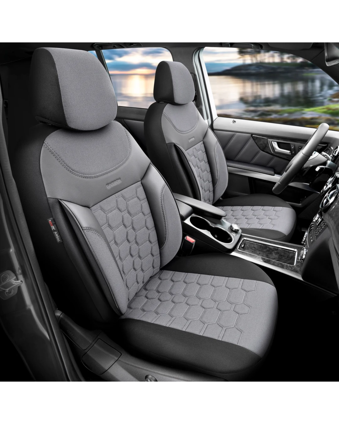 Комплект Луксозна Тапицерия OTOM текстил с еко кожа CARBON Design – Сива със сив шев, за Предни и Задни Седалки