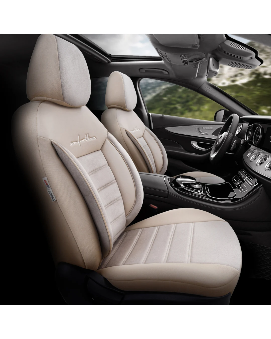 Комплект Луксозна Тапицерия OTOM текстил с еко кожа COMFORT LINE Design – Бежова с бежов шев, за Предни и Задни Седалки