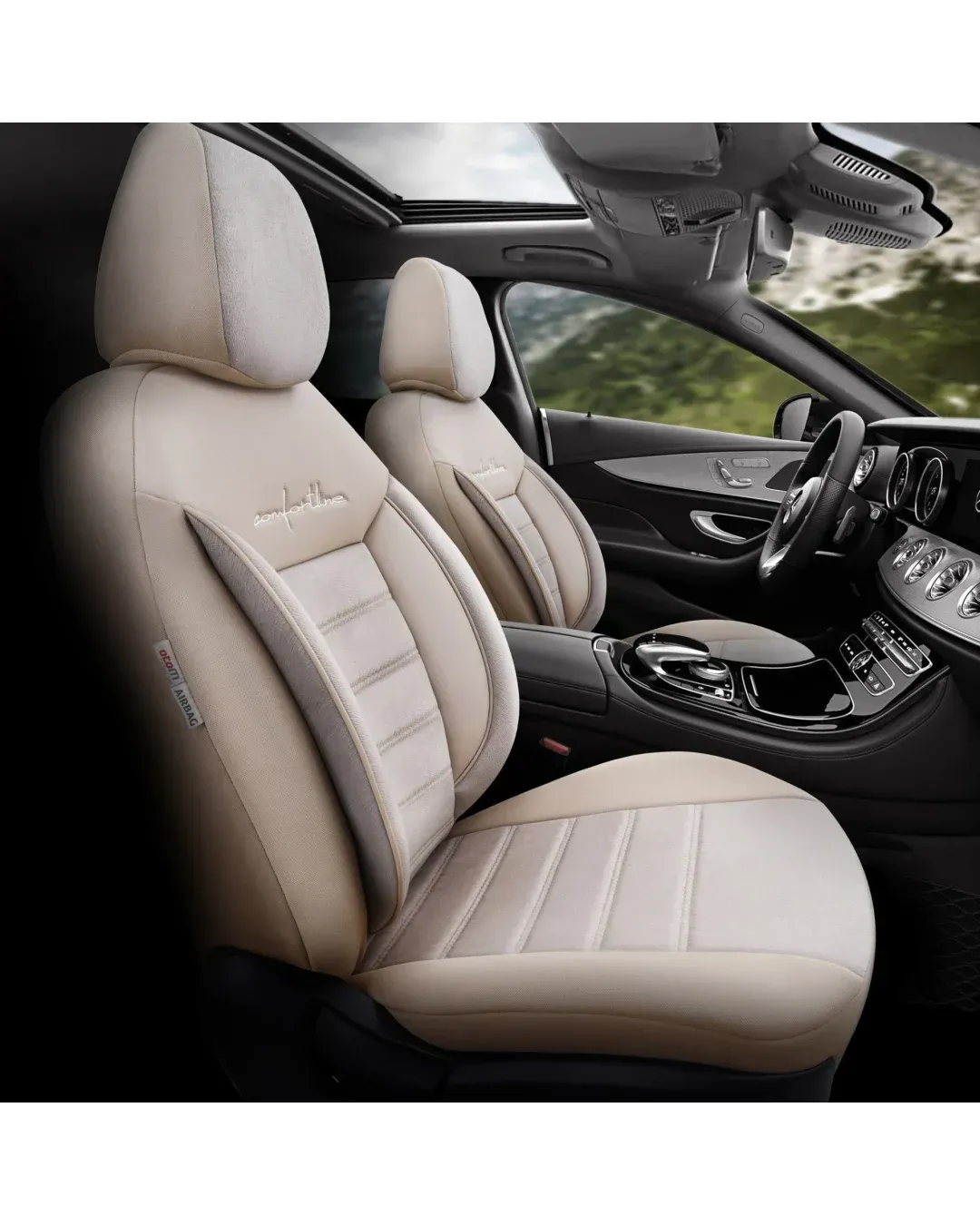 Комплект Луксозна Тапицерия OTOM текстил с еко кожа COMFORT LINE Design – Бежова с бежов шев, за Предни и Задни Седалки