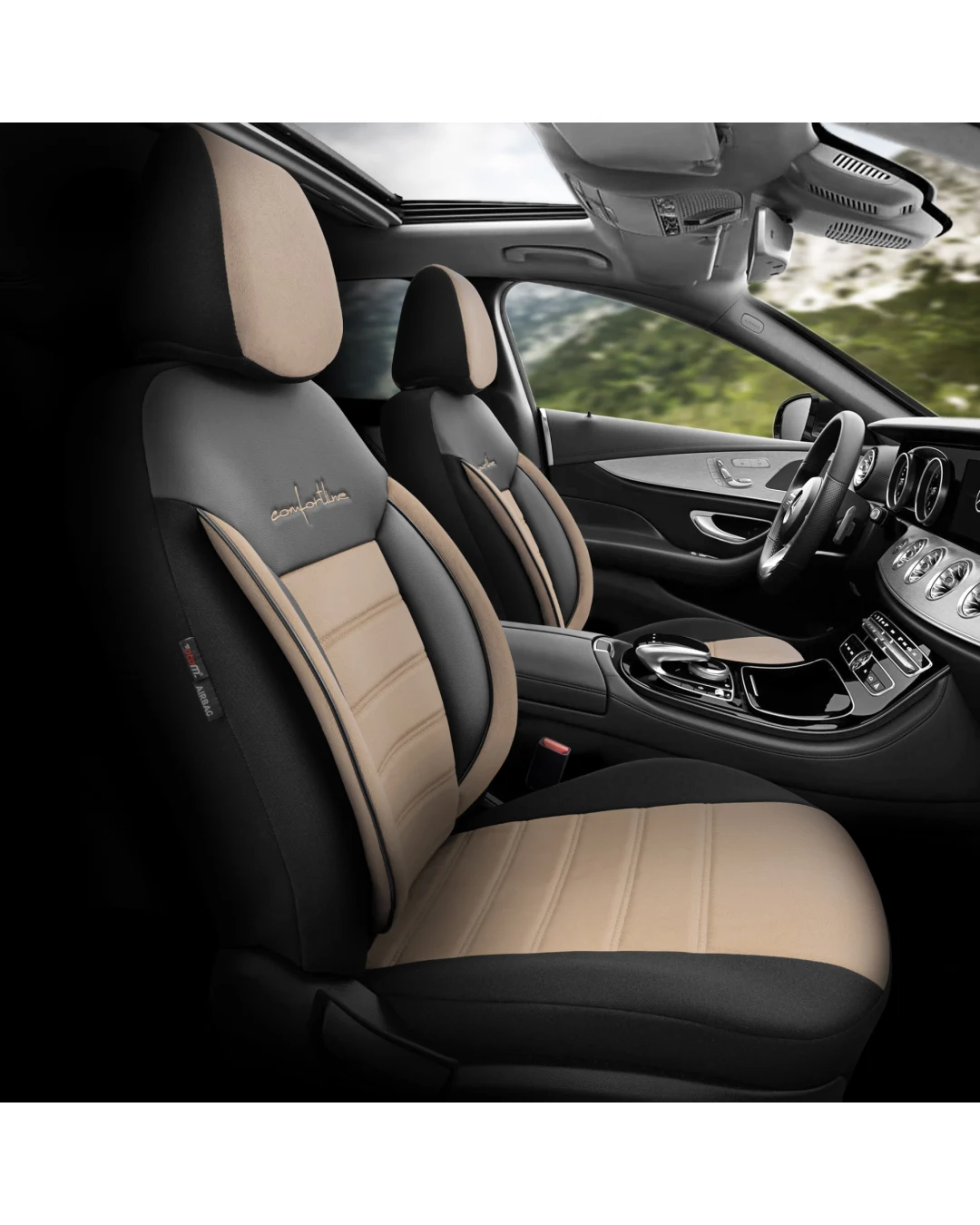 Комплект Луксозна Тапицерия OTOM текстил с еко кожа COMFORT LINE Design – Бежово-Черна с бежов шев, за Предни и Задни Седалки