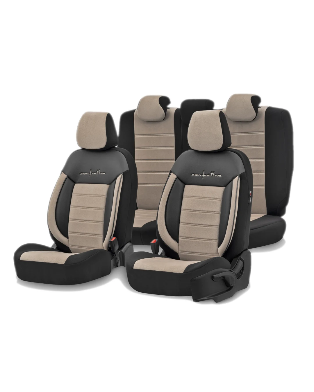 Комплект Луксозна Тапицерия OTOM текстил с еко кожа COMFORT LINE Design – Бежово-Черна с бежов шев, за Предни и Задни Седалки