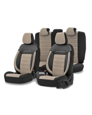 Комплект Луксозна Тапицерия OTOM текстил с еко кожа COMFORT LINE Design – Бежово-Черна с бежов шев, за Предни и Задни Седалки