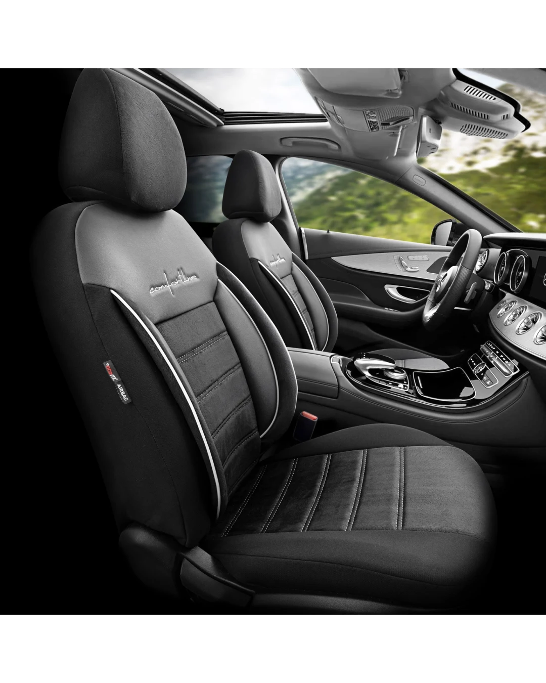 Комплект Луксозна Тапицерия OTOM текстил с еко кожа COMFORT LINE Design – Черна с бял шев, за Предни и Задни Седалки