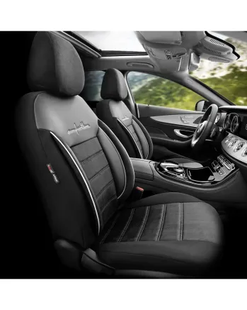 Комплект Луксозна Тапицерия OTOM текстил с еко кожа COMFORT LINE Design – Черна с бял шев, за Предни и Задни Седалки