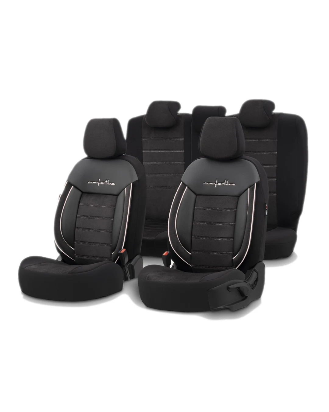 Комплект Луксозна Тапицерия OTOM текстил с еко кожа COMFORT LINE Design – Черна с бял шев, за Предни и Задни Седалки