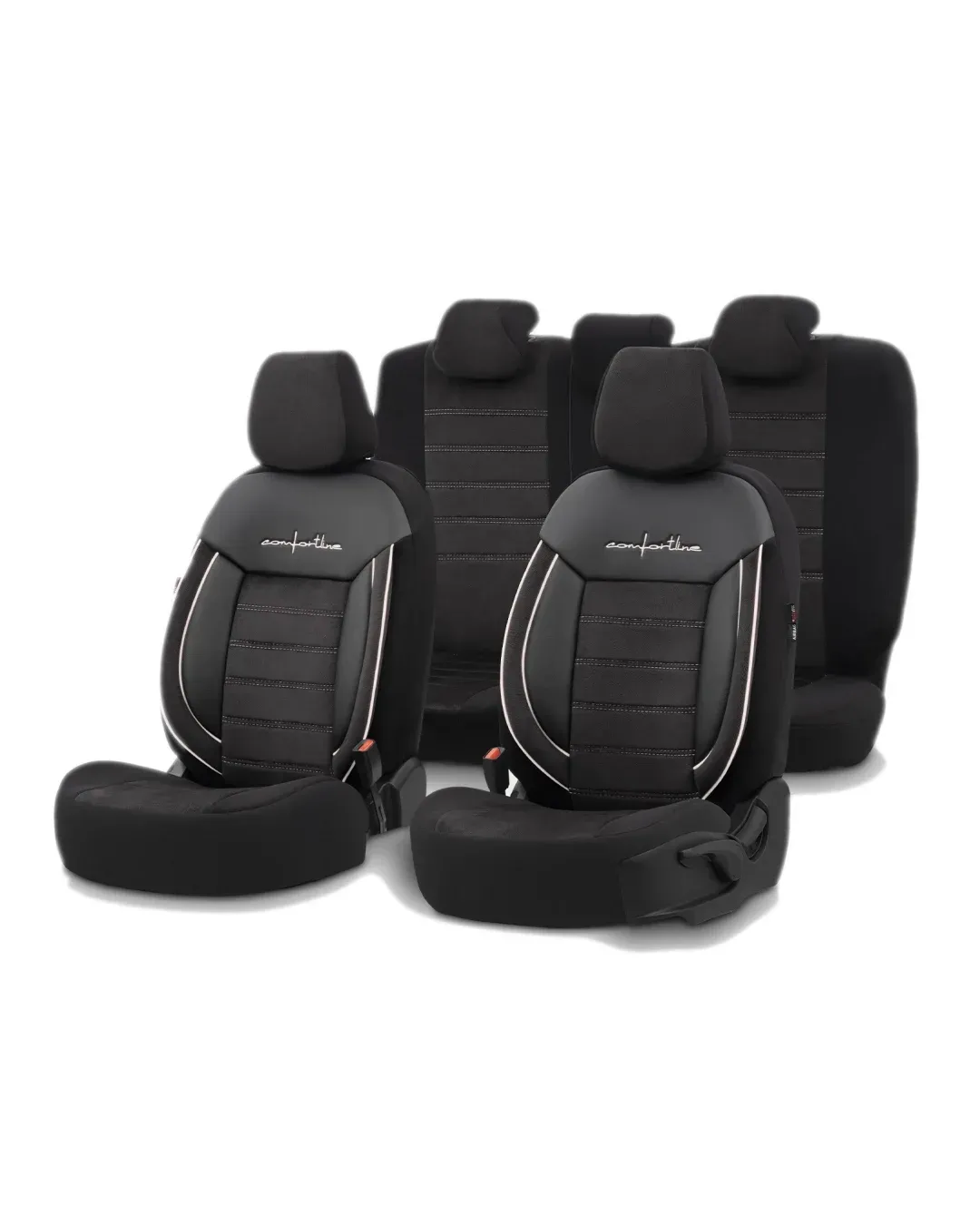 Комплект Луксозна Тапицерия OTOM текстил с еко кожа COMFORT LINE Design – Черна с бял шев, за Предни и Задни Седалки