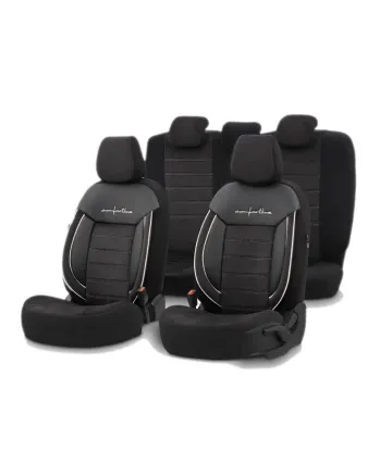 Комплект Луксозна Тапицерия OTOM текстил с еко кожа COMFORT LINE Design – Черна с бял шев, за Предни и Задни Седалки