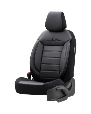Комплект Луксозна Тапицерия OTOM текстил с еко кожа COMFORT LINE Design – Черна с черен шев, за Предни и Задни Седалки