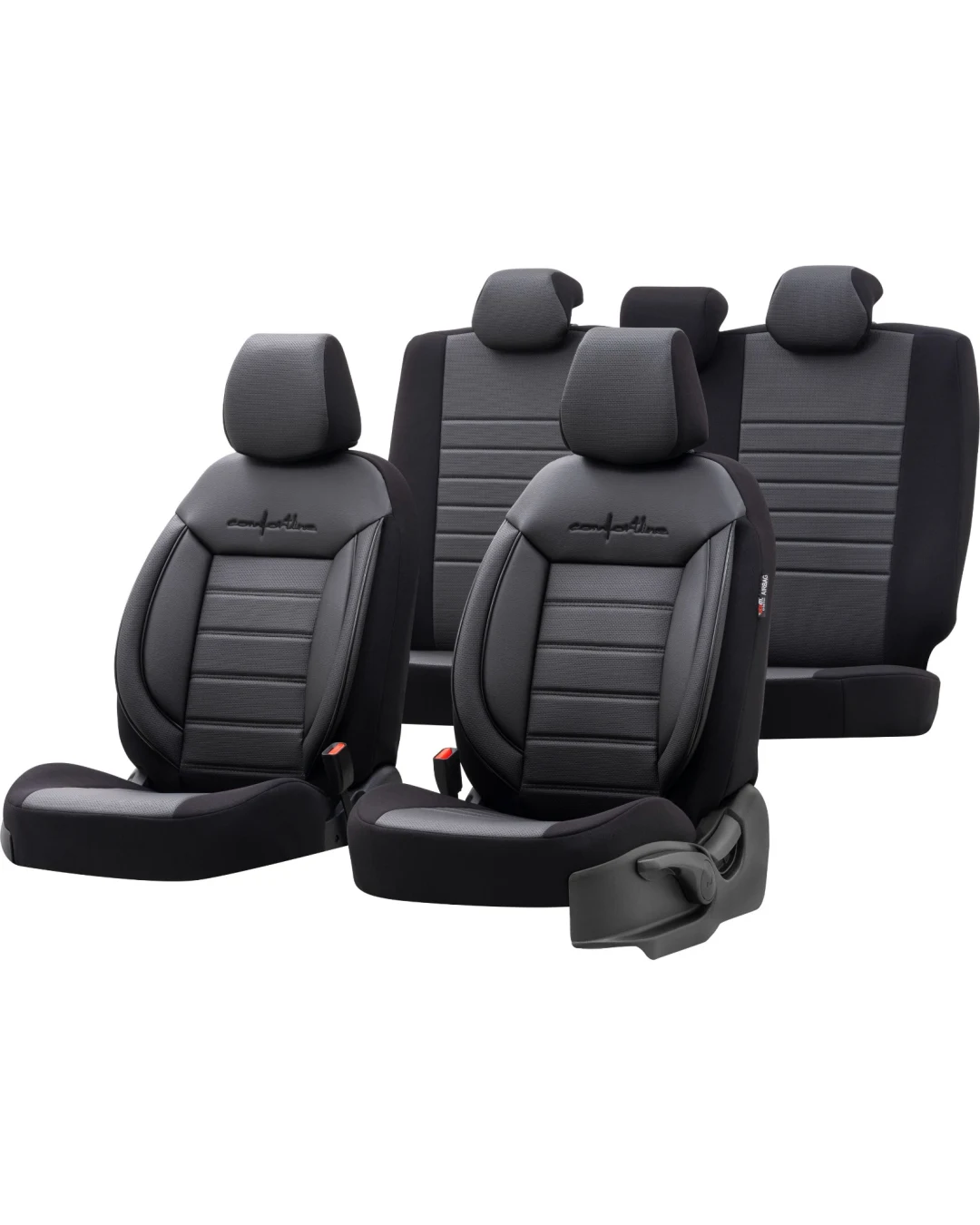 Комплект Луксозна Тапицерия OTOM текстил с еко кожа COMFORT LINE Design – Черна с черен шев, за Предни и Задни Седалки