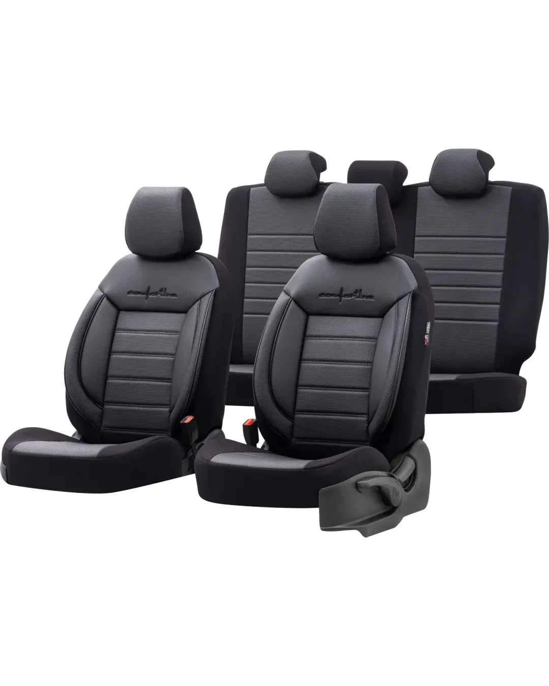 Комплект Луксозна Тапицерия OTOM текстил с еко кожа COMFORT LINE Design – Черна с черен шев, за Предни и Задни Седалки