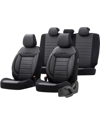 Комплект Луксозна Тапицерия OTOM текстил с еко кожа COMFORT LINE Design – Черна с черен шев, за Предни и Задни Седалки