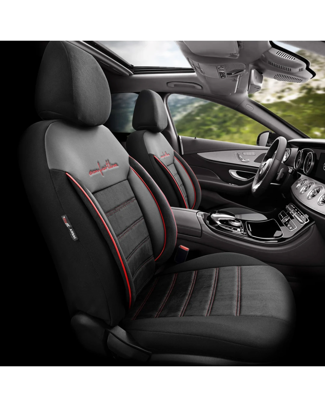 Комплект Луксозна Тапицерия OTOM текстил с еко кожа COMFORT LINE Design – Черна с червен шев, за Предни и Задни Седалки