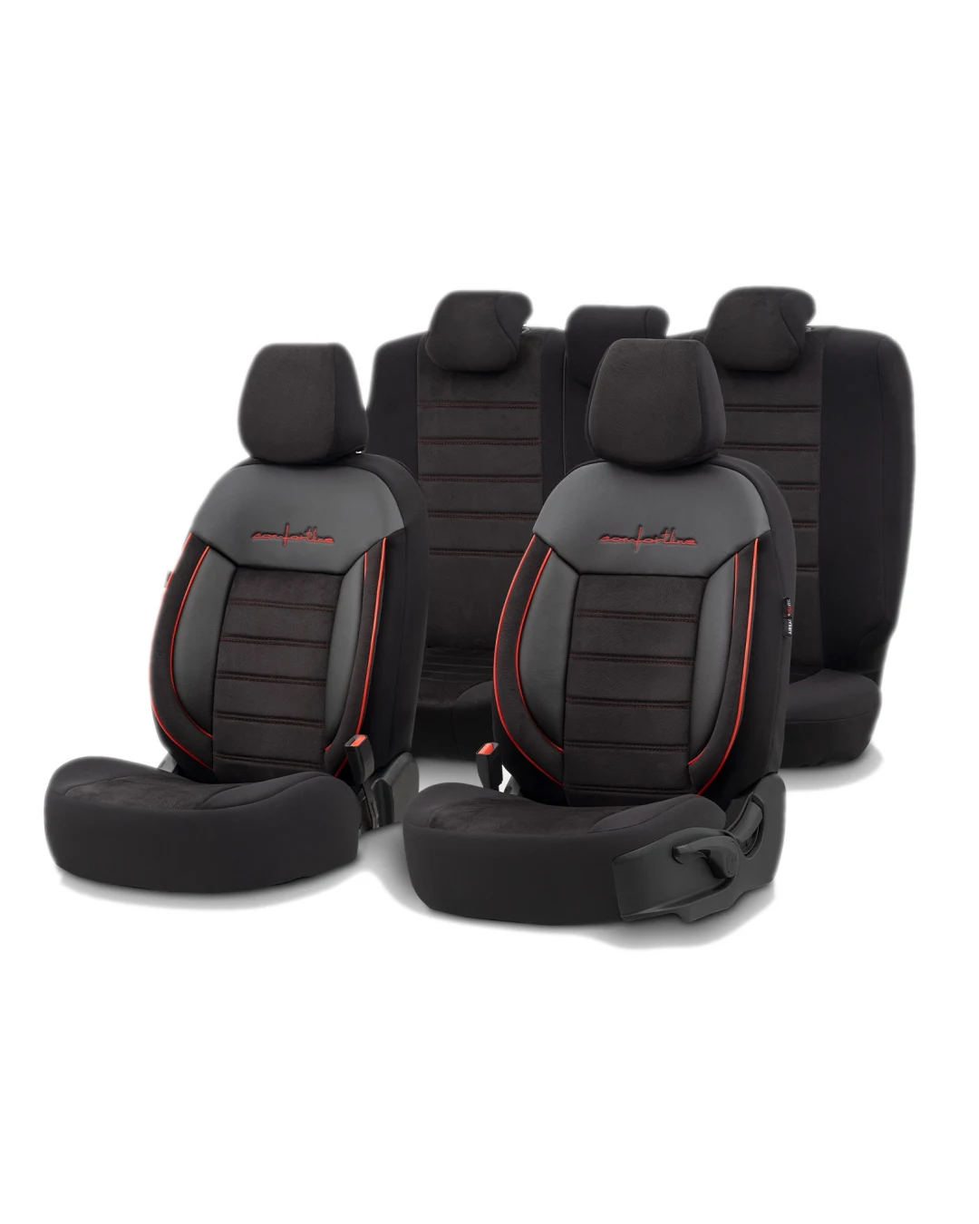 Комплект Луксозна Тапицерия OTOM текстил с еко кожа COMFORT LINE Design – Черна с червен шев, за Предни и Задни Седалки