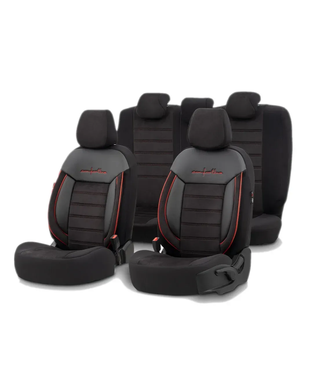 Комплект Луксозна Тапицерия OTOM текстил с еко кожа COMFORT LINE Design – Черна с червен шев, за Предни и Задни Седалки