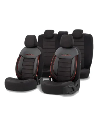 Комплект Луксозна Тапицерия OTOM текстил с еко кожа COMFORT LINE Design – Черна с червен шев, за Предни и Задни Седалки